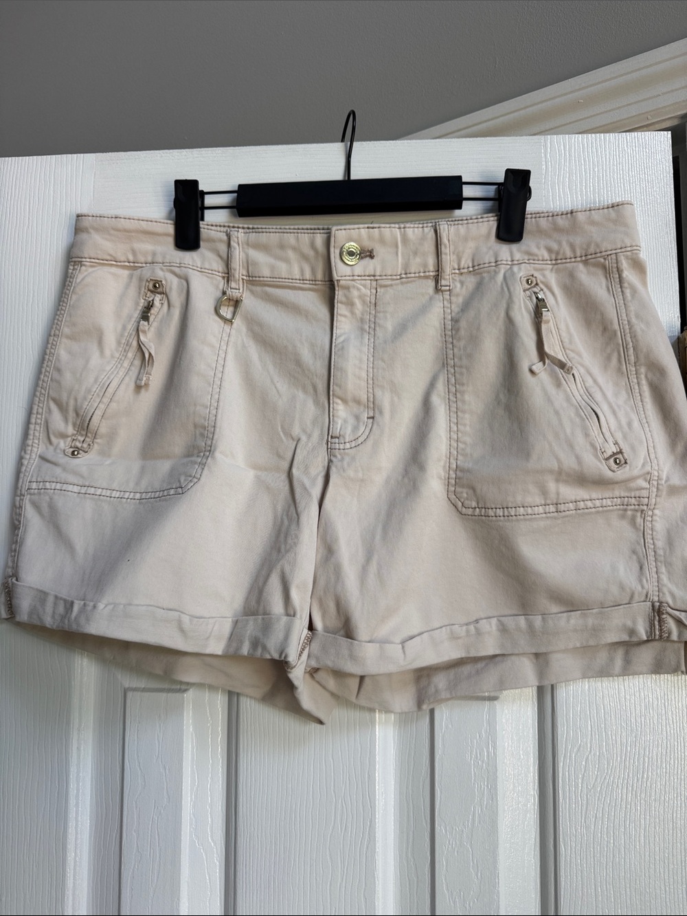 White House Black Market Cream Utility Shorts with Zip Pocket Accents